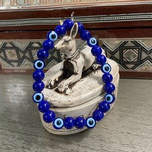 Evil Eye Beaded Bracelet Blue beaded Egyptian Evil eye Bracelet 7 1/2” w stretch